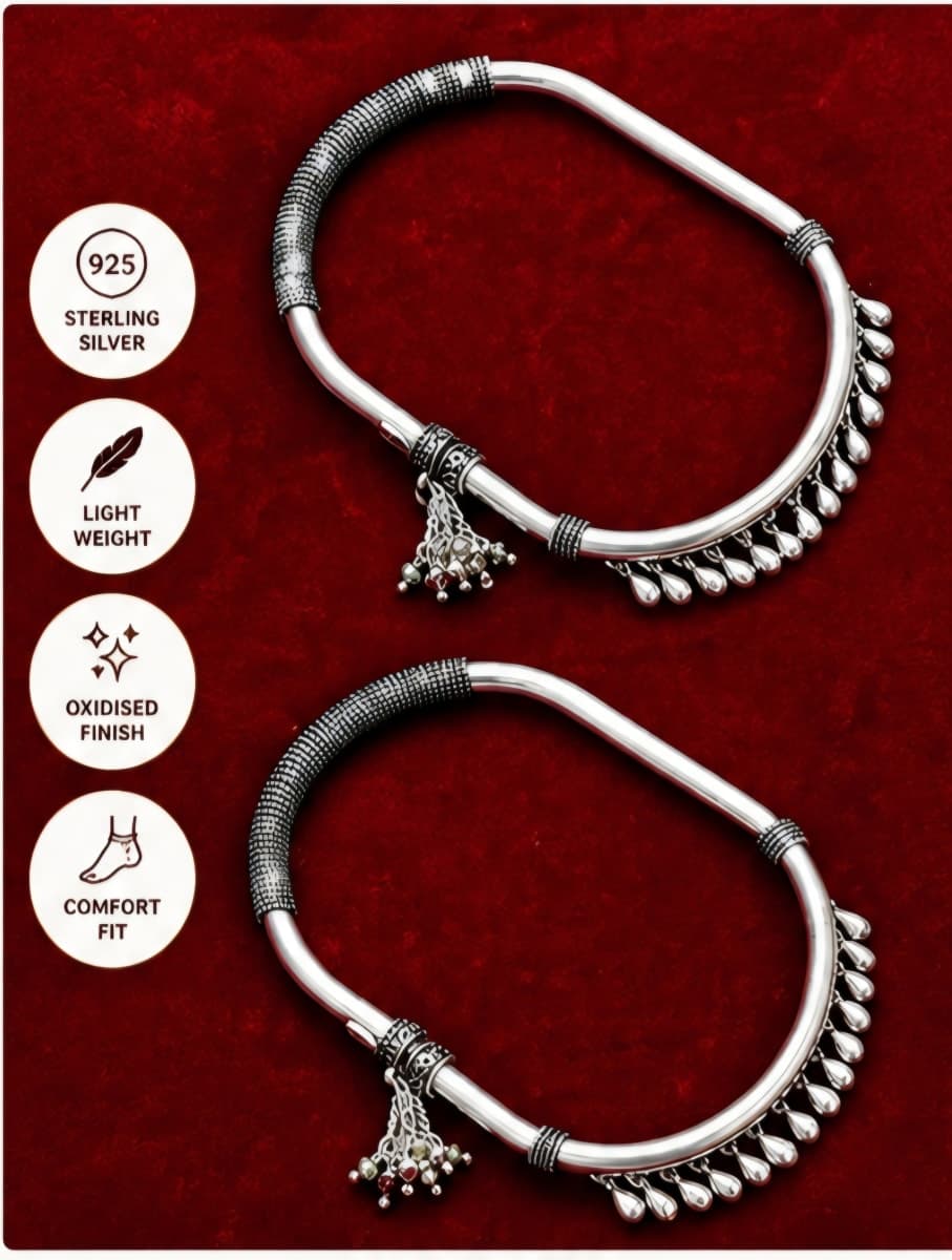 925 Sterling Silver Oxidised Adjustable Payal for Women | Traditional Handmade Anklet (Pair)